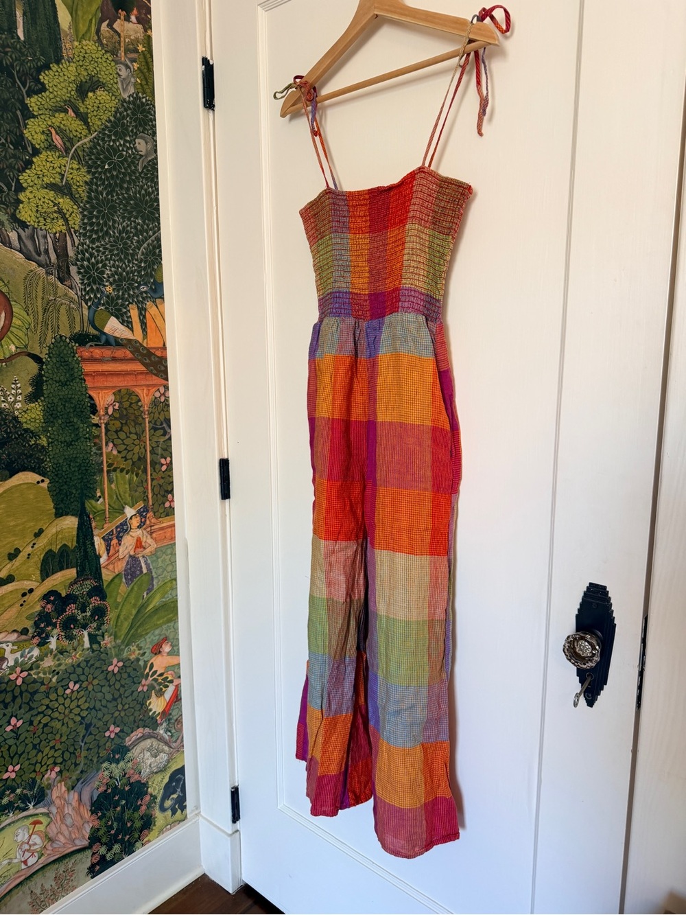 dRA 100% Linen Wide Leg Smocked Colorful Checkered Plaid Print Jumpsuit - MP - Picture 3 of 11